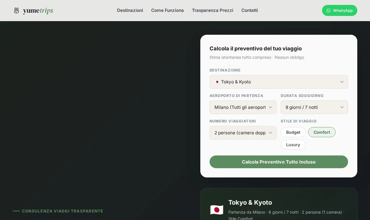 Schermata reale della home page YumeTrips con preventivo di viaggio personalizzabile